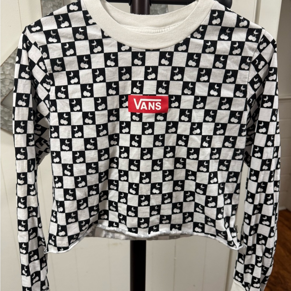 Vans Cherry Check Black and White Crop Long Sleeve T-Shirt Sz Small